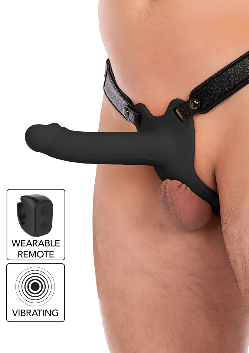 Strapon fallo nero 18 cm indossabile uomo con vibrazione e telecomando al dito